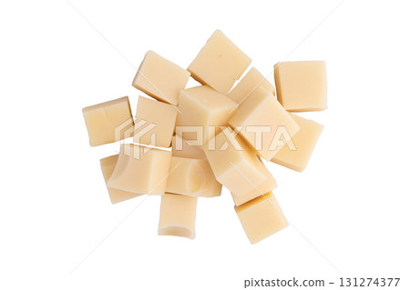 sliced cheese isolated, top view 131274377