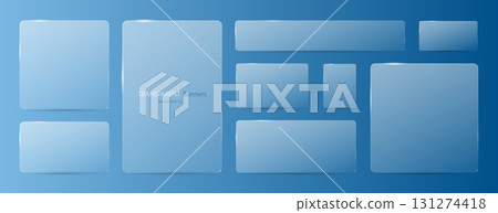 A large set of transparent banners on a blue background. Frosted glass banners with shadows. 131274418