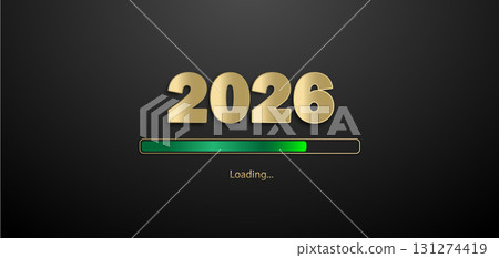 A black banner for the New Year holidays with gold numbers 2026 and the inscription Loading. A black banner for the New Year holidays with gold numbers 2026 and the inscription Loading. 131274419