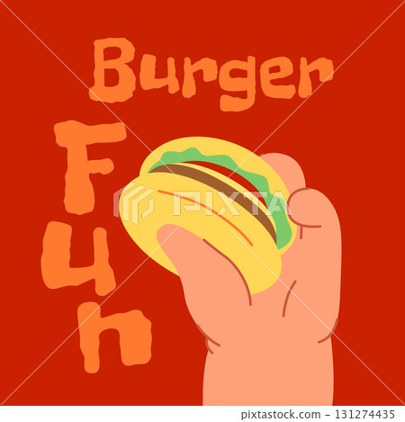 Hand of child takes a hamburger on a colored background. Fast food, comfort food Hand of child takes a hamburger on a colored background. Fast food, comfort food 131274435