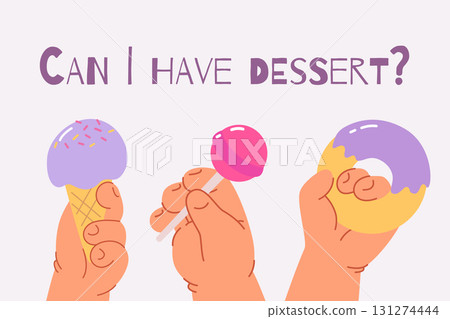 Set of children s hands hold donut, lollipop and ice cream on white background. Vector isolated 131274444