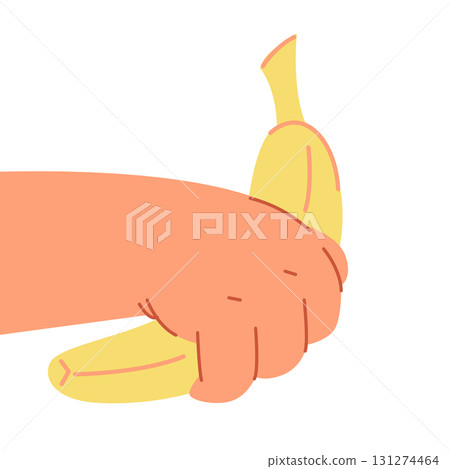 Banana in baby hand. Isolated on white background, summer fruits concept. Vector 131274464