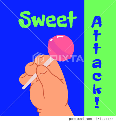 Baby hand with lollipop, candy on blue background. Vector illustration 131274478
