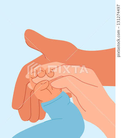 Fathers and mothers hands holding baby palm. Vector illustration on white background 131274497