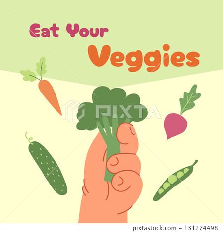 Kid hand holding broccoli. Eat your vegetable, veggies. Carrot, peas, beetroot and cucumber in the background. Flat illustration vector 131274498