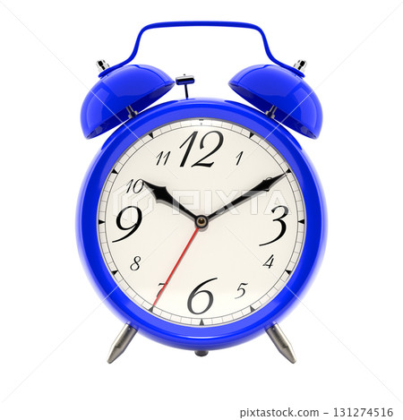 Alarm clock, vintage style blue color clock with black hands. 131274516
