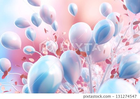 Mesmerizing dreamscape with glossy balloons floating under a serene blue sky with fluffy cloud 131274547