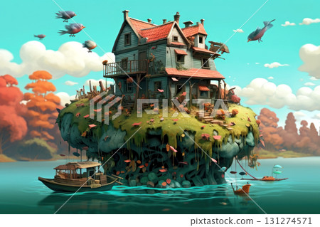Discover a whimsical floating island with a cozy house 131274571