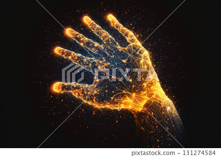 Electrifying visual of a hand made with energy circuits and sparks. Perfect for tech-themed projects.  131274584