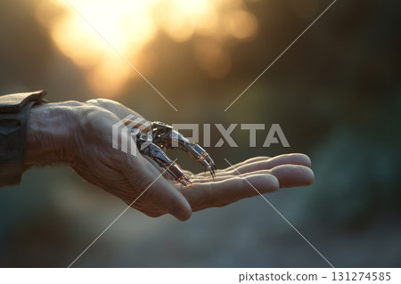 Stunning visual contrast of human and robotic hand united against a soft bokeh background 131274585
