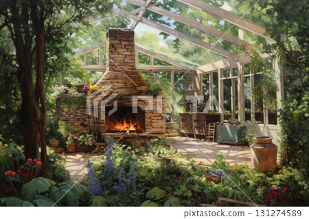 Discover tranquility in this serene glasshouse setting with a rustic stone fireplace, 131274589