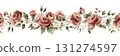 Roses with white flower and leaves seamless border. Dusty pink garden Victorian flower. Watercolor hand painted floral isolated illustration for wedding design home textile crockery cosmetic package 131274597