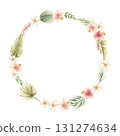 Monstera Palm Leaves Hibiscus Plumeria Flowers. Tropical Exotic wreath. Watercolor hand painted summer pastel neutral isolated illustration on white background for nursery kids baby card logo label 131274634
