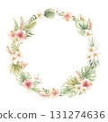 Monstera Palm Leaves Hibiscus Plumeria Flowers. Tropical Exotic wreath. Watercolor hand painted summer pastel neutral isolated illustration on white background for nursery kids baby card logo label 131274636