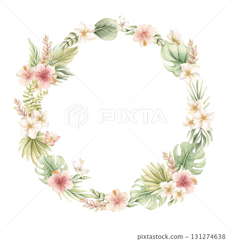 Monstera Palm Leaves Hibiscus Plumeria Flowers. Tropical Exotic wreath. Watercolor hand painted summer pastel neutral isolated illustration on white background for nursery kids baby card logo label 131274638