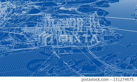 Detailed City Blueprint on Blue Background Detailed City Blueprint on Blue Background 131274675