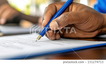 A side angle of a checklist being filled out with a blue pen, hand in focus, resting on a clipboard over a dark wood table. Survey research answer checklist A side angle of a checklist being filled out with a blue pen, hand in focus, resting on a clipboard over a dark wood table. Survey research answer checklist 131274713