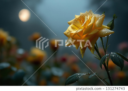 Golden yellow rose with raindrops at dusk against a blurred garden and glowing moon, close-up horizontal composition with cinematic soft light and copy space 131274743