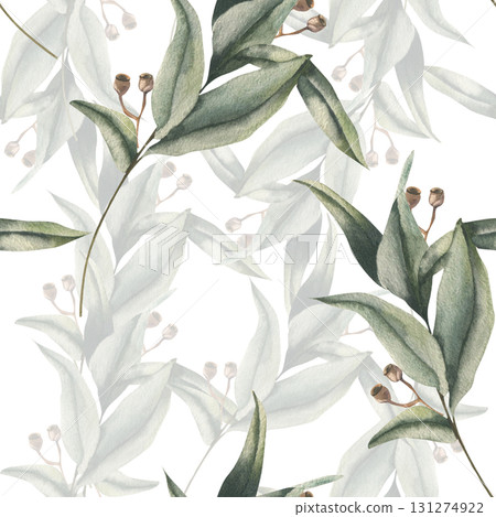Elegant floral seamless pattern with eucalyptus green fresh branches watercolor illustration. Hand drawn nature motifs background with tropical exotic leaves for home textile,fabric, wallpaper design 131274922