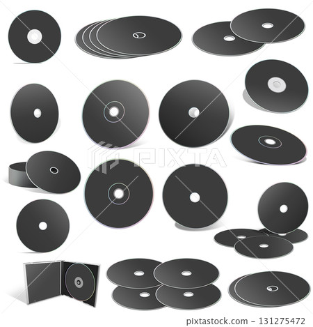 Black abstract CD disks and boxes on white background. 131275472
