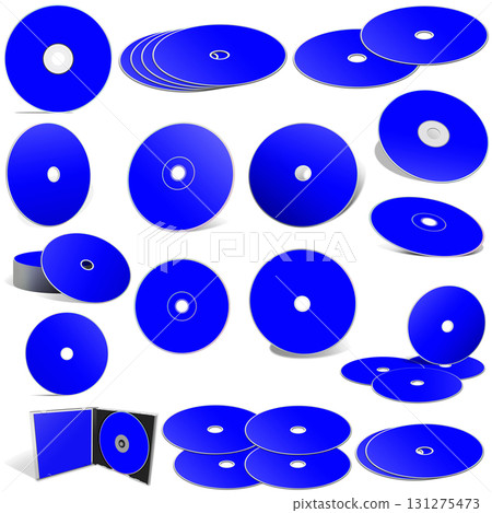 Blue abstract CD disks and boxes on white background. Blue abstract CD disks and boxes on white background. 131275473