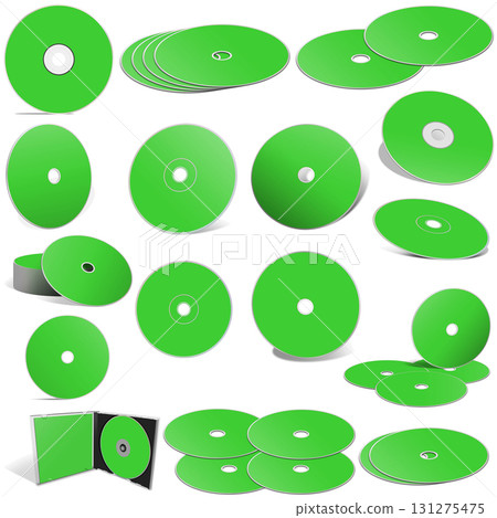 Green abstract CD disks and boxes on white background. Green abstract CD disks and boxes on white background. 131275475