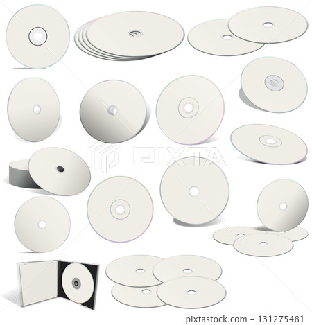 Abstract white CD disks and boxes on white background. Abstract white CD disks and boxes on white background. 131275481
