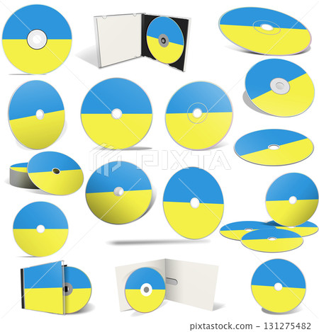 Abstract CD disks and boxes painted yellow-blue ukrainian flag. Isolated on white background. 131275482