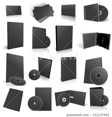 Abstract black DVD disks and boxes on white background. 131275491