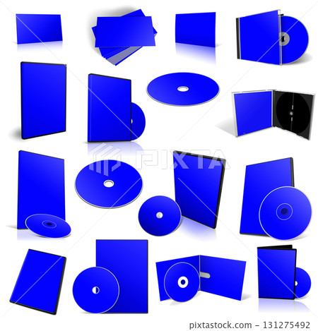 Abstract blue DVD disks and boxes on white background. 131275492