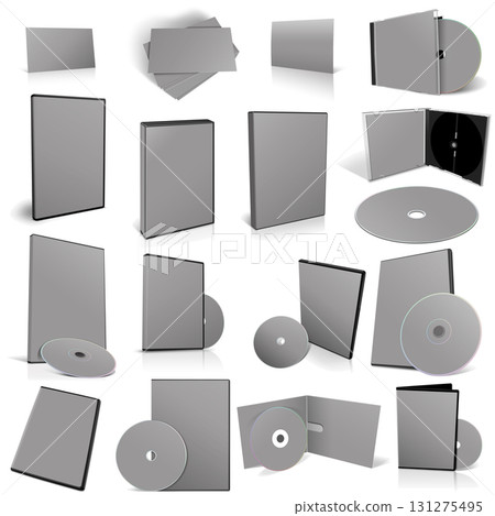Abstract grey DVD disks and boxes on white background. 131275495