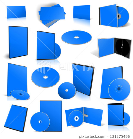 Abstract blue DVD disks and boxes on white background. 131275496