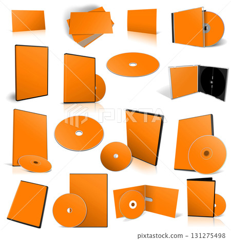 Abstract orange DVD disks and boxes on white background. 131275498