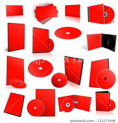 Abstract red DVD disks and boxes on white background. 131275499