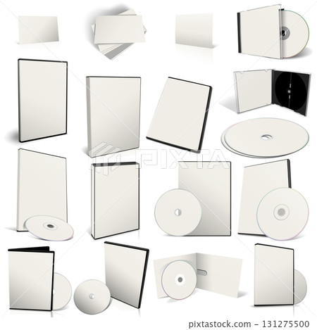Abstract white DVD disks and boxes on white background. Abstract white DVD disks and boxes on white background. 131275500