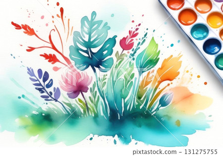 Vibrant watercolor painting of abstract floral design brings bursts of color and artistic flair. 131275755