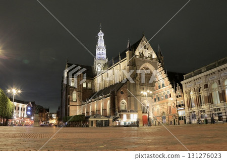Haarlem cityscape at night, Netherlands: Grote Markt Square and Saint Bavo's Church 131276023