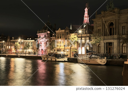 Haarlem cityscape at night, Netherlands, Saint Bavo's Church and Teylers Museum 131276024