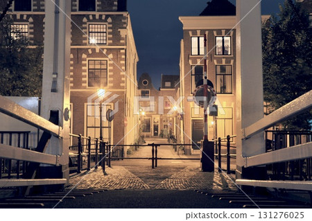 The Netherlands, night view of Haarlem from the White Wing Bridge (De Olyphant) 131276025