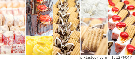 Food collage of pastries and Eastern sweets. Composite image. 131276047
