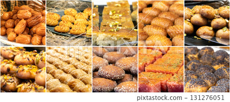 Food collage of Eastern sweets. Composite image. Food collage of Eastern sweets. Composite image. 131276051