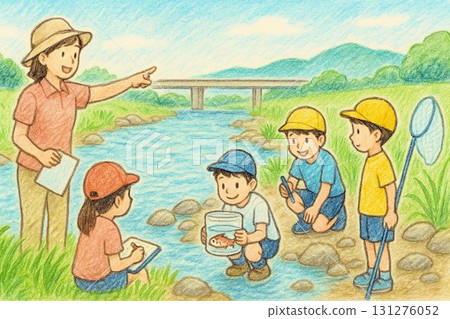 小學生和老師在河岸邊了解河流的性質和水質 131276052
