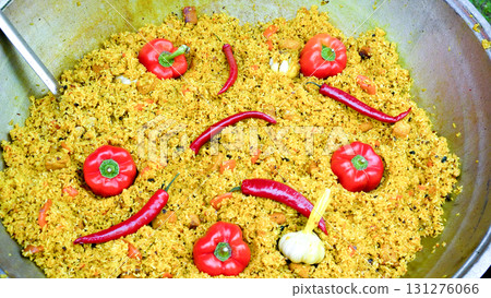Large Cauldron with Pilaf Rice Meat and Vegetables Large Cauldron with Pilaf Rice Meat and Vegetables 131276066