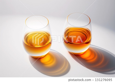 Two glasses of amber whiskey with elegant reflections on a modern surface Two glasses of amber whiskey with elegant reflections on a modern surface 131276095