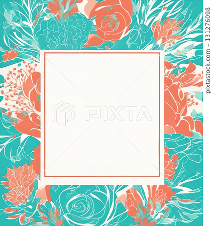 A vibrant floral border in teal and coral hues frames a central blank space 131276098