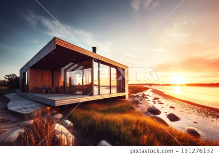 Dreamy sunset view of a modern beachside cabin with large windows 131276132