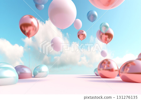 Mesmerizing dreamscape with glossy balloons floating under a serene blue sky with fluffy cloud 131276135