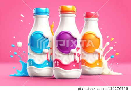 Vibrant and colorful digital illustration of three milk bottles with splashes of blue, purple 131276136