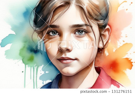Beautiful digital portrait of a young girl with expressive blue eyes 131276151