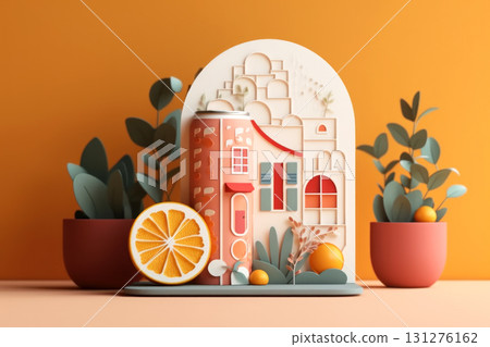 vibrant 3D art illustration of a Mediterranean town scene 131276162